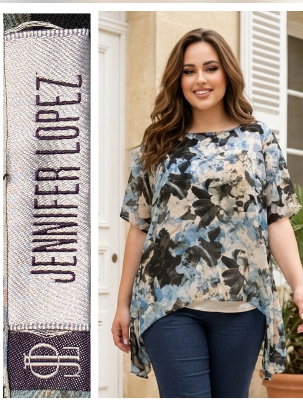 Jennifer Lopez Blue Floral Blouse With Distinctive Asymmetrical Hemline